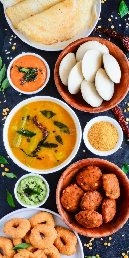south-indian-food-platter-idli-sambhar-vada-dosa-chutneys-144914344